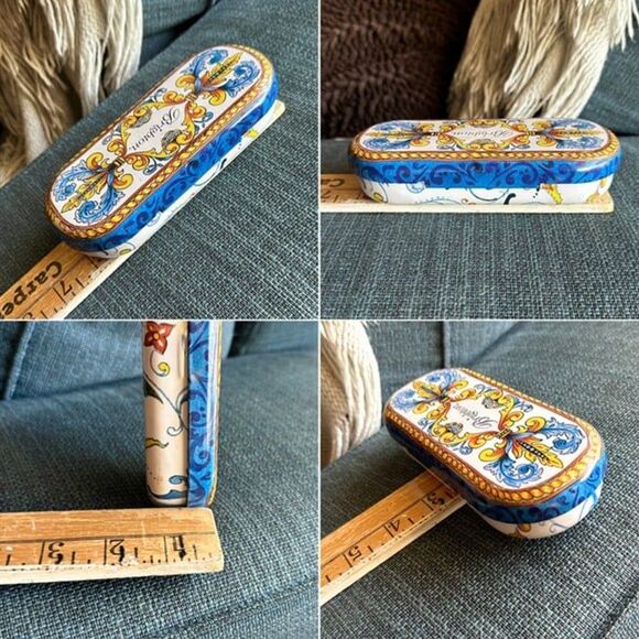 Vtg Brighton White Hardshell Metal Glasses Sunglasses Case Blue Yellow Filigree - Picture 11 of 12